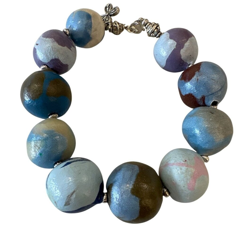 Handmade Beaded Bracelet Multicolor Painted Ceramic Beads & Charm Chunky Artsy